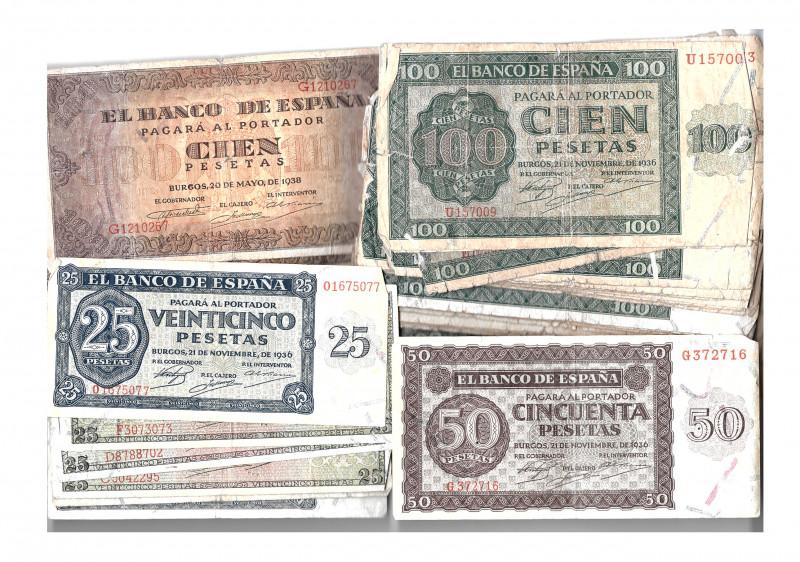 BILLETES ESPAÑOLES. Lote de 66 billetes: 25 pts. 1936 (3), 1938 (4); 50 pts. 193...