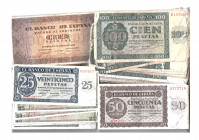 BILLETES ESPAÑOLES. Lote de 66 billetes: 25 pts. 1936 (3), 1938 (4); 50 pts. 1936; 100 pts. 1936 (40), 1938 (18). Múltiples roturas en bordes. RC.