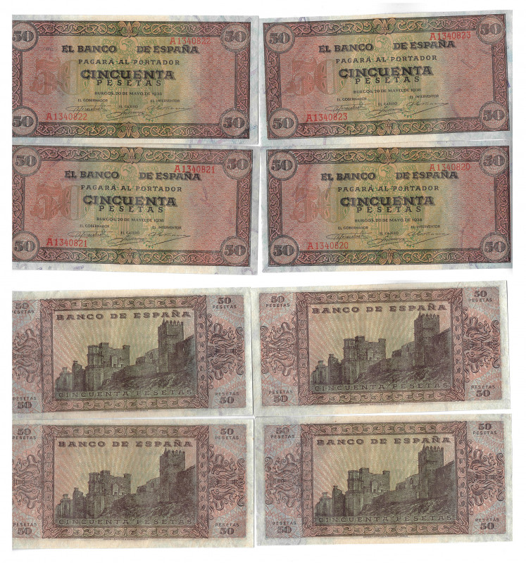 BILLETES ESPAÑOLES. Lote de 4 billetes de 50 pts. 5-1938 serie A, correlativos c...
