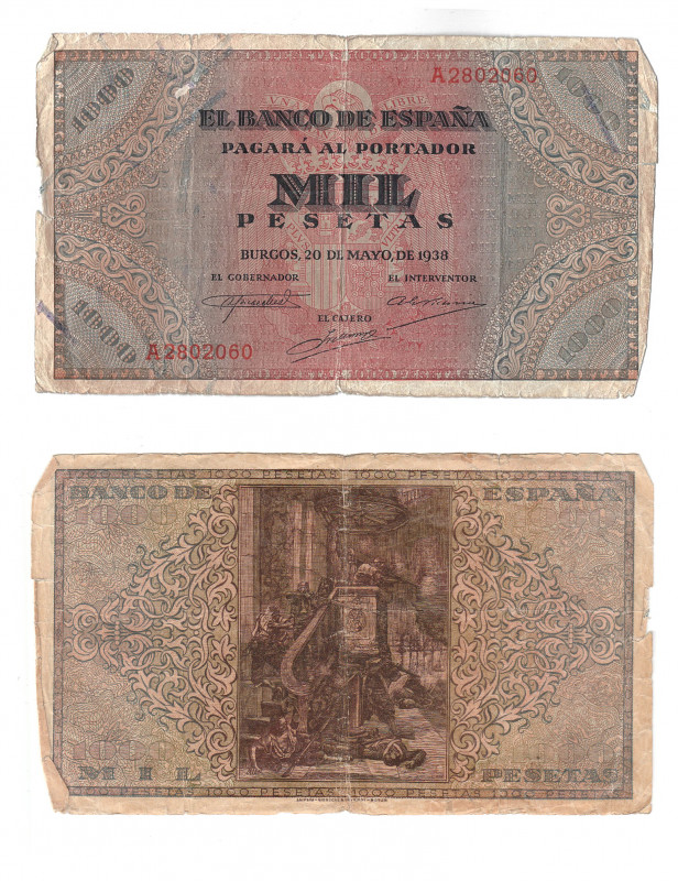 BILLETES ESPAÑOLES. 1000 pts. 5-1938. Serie A. ED-D35. Bordes dañados. BC-.