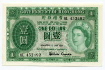 Hong Kong 1 Dollar 1959 
P# 324A; # 6L 452492; UNC