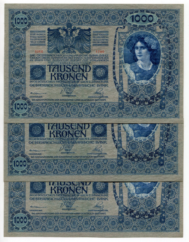 Czechoslovakia 3 x 1000 Korun 1919 (1902) With Consecutive Numbers
P# 5; Overpr...