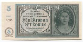 Bohemia & Moravia 5 Korun 1940 Specimen
P# 4s; № Serie P035; UNC; Specimen