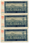 Bohemia & Moravia 3 x 100 Korun 1940 With Consecutive Numbers
P# 7a; 2nd Issue; VF