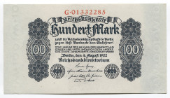 Germany - Weimar Republic 100 Mark 1922 
P# 75; № G01332285; UNC