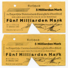 Germany - Weimar Republic 2 x 5 Milliarden Mark Notgeld 1923 Cancelled Notes
Oberstdorf; # 31215; # 20756