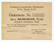 Germany - Weimar Republic Wurttemberg Blaubeuren 100000000000 Mark 1923 
Portland-Cementfabrik, Gebr. Spohn AG; Without Date; XF-