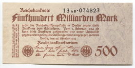 Germany - Weimar Republic 500 Milliarden Mark 1923 
P# 127b; № 13AB 074823; AUNC