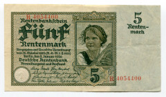 Germany - Weimar Republic 5 Rentenmark 1926 
P# 169; VF-