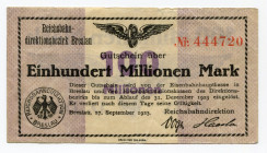 Germany - Weimar Republic Breslau 100 Millionen Mark 1923 
P# S1137; VF