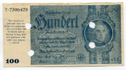 Germany - Third Reich 100 Reichsmark 1945 (ND) Cancelled Note
P# 190b; # T7396475; Emergency reissue