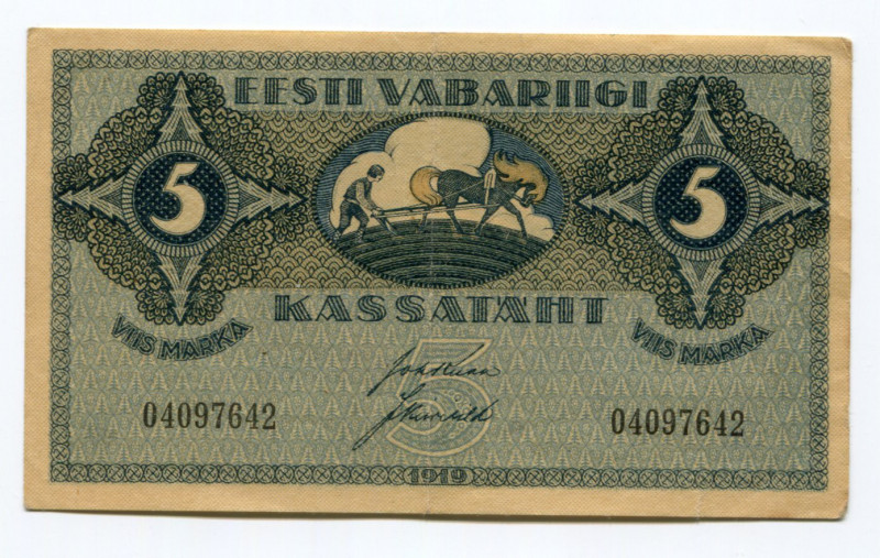 Estonia 5 Marka 1919 
P# 45; VF+/XF-