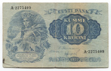 Estonia 10 Krooni 1937 Bank of Estonia
P# 67a; # A-2275409; F-VF