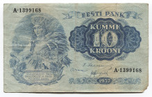 Estonia 10 Krooni 1937 Bank of Estonia
P# 67a; # A-1399168; F-VF