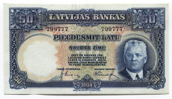 Latvia 50 Latu 1934 
P# 20a; № 799777; UNC; "Kārlis Ulmanis"