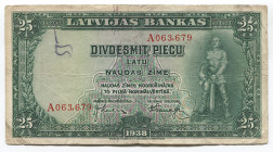Latvia 25 Latu 1938 Bank of Latvia
P# 21a; # A 063679; F-VF