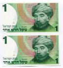 Israel 2 x 1 New Sheqel 1986 JE 5746 Uncutted sheet of notes
P# 51A; UNC
