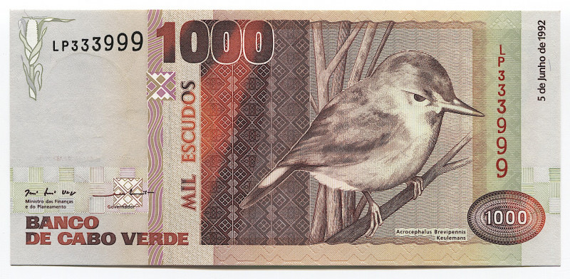 Cabo Verde 1000 Escudos 1992 
P# 65a; № LP 333999; Fine Serial Number; UNC
