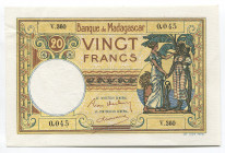 Madagascar 20 Francs 1937 - 1947
P# 37; № V360-0045; AUNC; Stapler holes