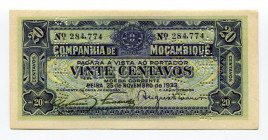 Mozambique 20 Centavos 1933 Cancelled Note
P# R29; AUNC
