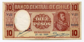 Chile 10 Pesos 1939 
P# 92b; 4 Pinholes; VF