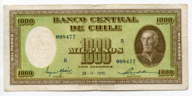 Chile 1000 Pesos 1945 
P# 107; VF