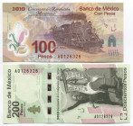 Mexico 100 & 200 Pesos 2010 Commemorative
P# 128-129; UNC; Large Folder