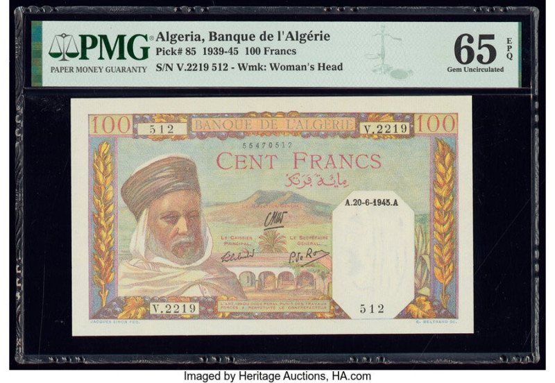 Algeria Banque de l'Algerie 100 Francs 1939-45 Pick 85 PMG Gem Uncirculated 65 E...