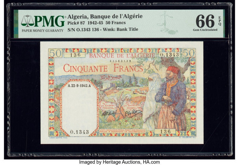 Algeria Banque de l'Algerie 50 Francs 1942-45 Pick 87 PMG Gem Uncirculated 66 EP...