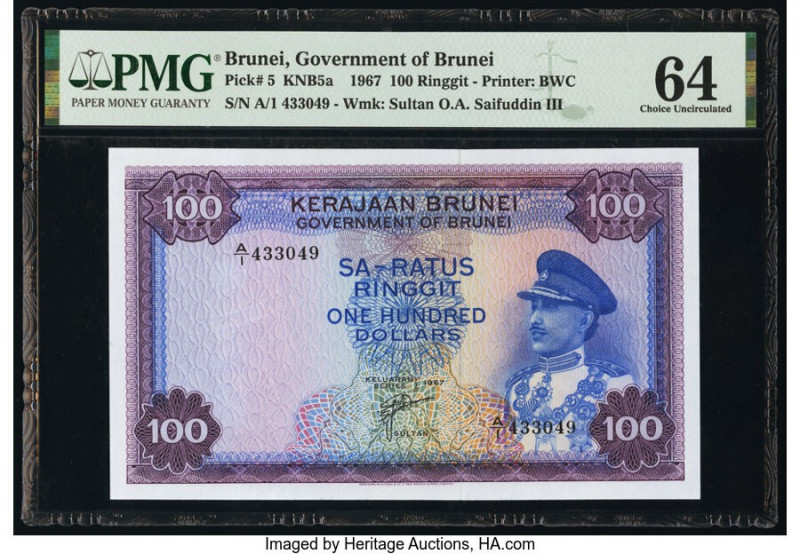 Brunei Government of Brunei 100 Ringgit 1967 Pick 5 KNB5a PMG Choice Uncirculate...