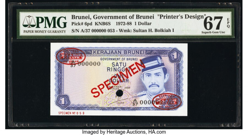 Brunei Government of Brunei 1 Ringgit ND (1972-88) Pick 6s KNB6S Specimen PMG Su...