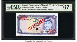 Brunei Government of Brunei 1 Ringgit ND (1972-88) Pick 6s KNB6S Specimen PMG Superb Gem Unc 67 EPQ. Red Specimen & TDLR overprints and one POC.

HID0...