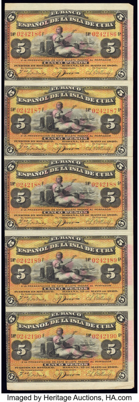 Cuba Banco Espanol De La Isla De Cuba 5 Pesos 15.5.1896 Pick 48b Two Uncut Verti...