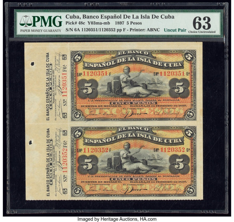 Cuba Banco Espanol De La Isla De Cuba 5 Pesos 15.2.1897 Pick 48c Uncut Sheet of ...