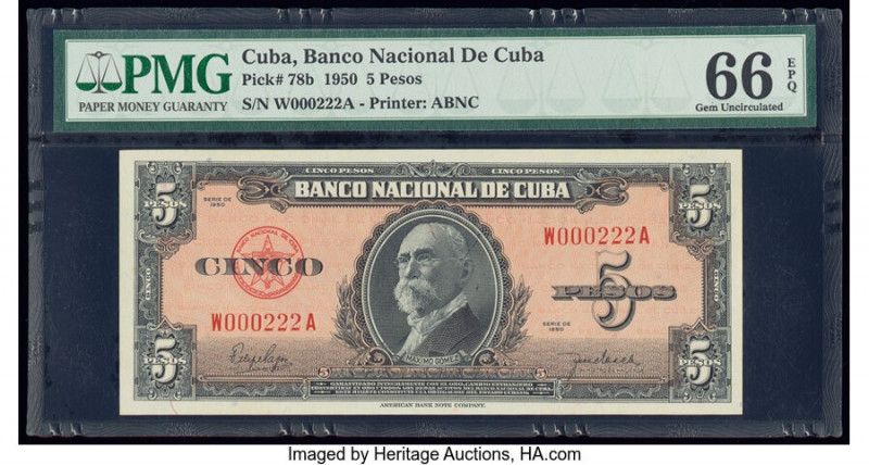 Cuba Banco Nacional de Cuba 5 Pesos 1950 Pick 78b PMG Gem Uncirculated 66 EPQ. 
...