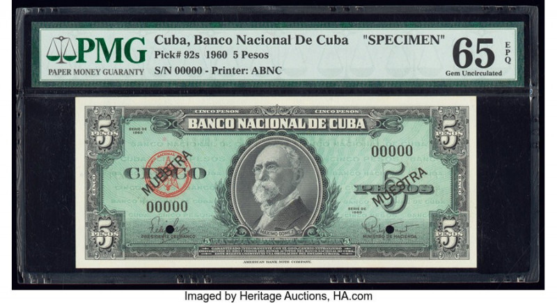 Cuba Banco Nacional de Cuba 5 Pesos 1960 Pick 92s Specimen PMG Gem Uncirculated ...