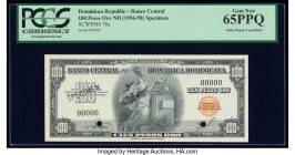 Dominican Republic Banco Central de la Republica Dominicana 100 Pesos Oro ND (1957) Pick 76s Specimen PCGS Gem New 65PPQ. Black Specimen overprints an...