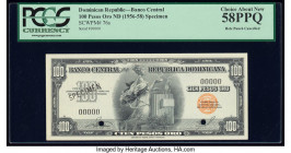 Dominican Republic Banco Central de la Republica Dominicana 100 Pesos Oro ND (1957) Pick 76s Specimen PCGS Choice About New 58PPQ. Black Specimen over...