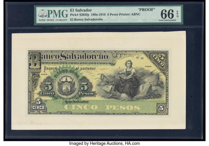 El Salvador Banco Salvadoreno 5 Pesos ND (189x-1916) Pick S203fp Front Proof PMG...