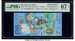 Fiji Reserve Bank of Fiji 7 Dollars 2016 (ND 2017) Pick 120s Commemorative Specimen PMG Superb Gem Unc 67 EPQ. Roulette Specimen punch is visible on t...