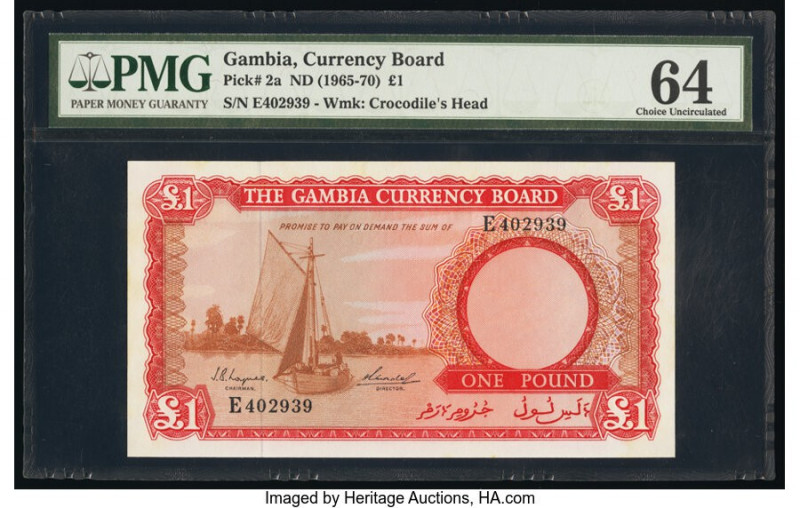 Gambia Currency Board 1 Pound ND (1965-70) Pick 2a PMG Choice Uncirculated 64. 
...