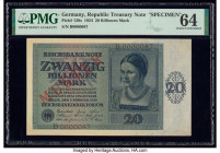 Germany Republic Treasury Note 20 Billionen Mark 5.2.1924 Pick 138s Specimen PMG Choice Uncirculated 64. Red overprints are seen on this example.

HID...