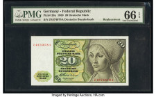 Germany Federal Republic Deutsche Bundesbank 20 Deutsche Mark 2.1.1960 Pick 20a PMG Gem Uncirculated 66 EPQ. 

HID09801242017

© 2020 Heritage Auction...