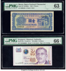 Macau Banco Nacional Ultramarino 1 Pataca 16.11.1945 Pick 28 KNB34a PMG Choice Uncirculated 63; Low Serial Number 5 Singapore Monetary Authority 2 Dol...