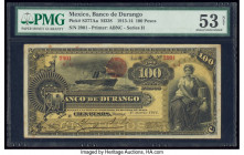 Mexico Banco de Durango 100 Pesos 1.3.1914 Pick S277Aa s M338a PMG About Uncirculated 53 Net. Rust is noted on this example.

HID09801242017

© 2020 H...