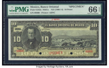 Mexico Banco Oriental 10 Pesos ND (1900-14) Pick S382s s M461s Specimen PMG Gem Uncirculated 66 EPQ. Red Specimen overprints and two POCs are seen on ...