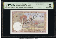 Morocco Banque d'Etat du Maroc 500 Francs 1949-58 Pick 46s Specimen PMG About Uncirculated 53. Black Specimen overprints, staple holes & archival Spec...