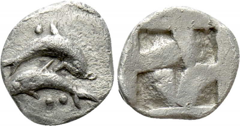 THRACE. Thasos. 1/16 Stater or Obol (Circa 500-480 BC). 

Obv: Two dolphins sw...