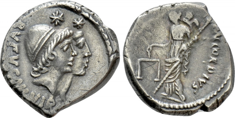 MN. CORDIUS RUFUS. Denarius (46 BC). Rome. 

Obv: RVFVS III VIR. 
Jugate bust...