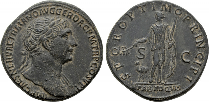 TRAJAN (98-117). Sestertius. Rome. 

Obv: IMP CAES NERVAE TPAIANO AVG GER DAC ...